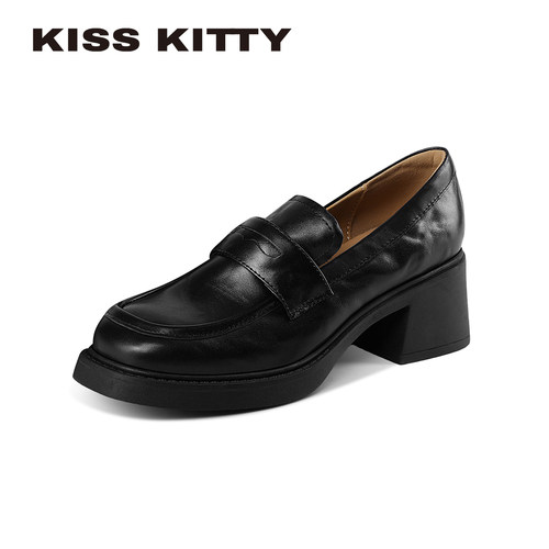 kissKitty黑色乐福软皮小皮鞋女