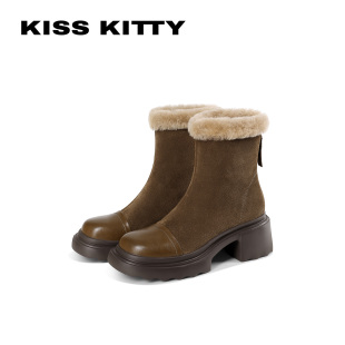 KISSKITTY雪地靴女2026冬季新款加绒加厚棉鞋高跟毛茸茸瘦瘦短靴