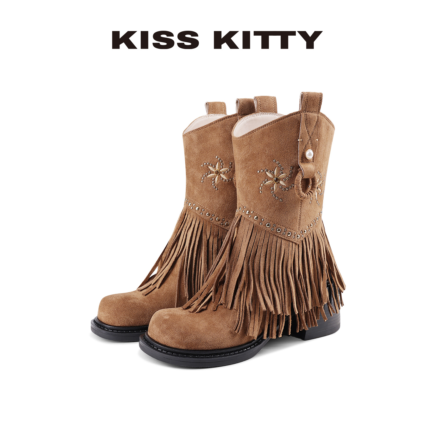 KISSKITTY西部牛仔骑士靴女2025新款复古流苏英伦风高跟短中筒靴
