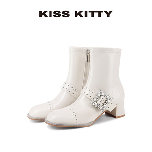 KISSKITTY铆钉方扣短靴女2025冬季新款加绒粗跟高跟弹力瘦瘦靴子
