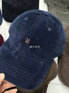 韩版灯芯绒棒球帽男女H字母秋冬季百搭休闲鸭舌帽大头围潮流软顶