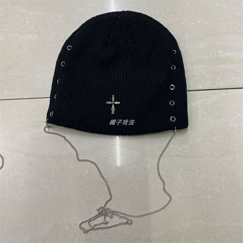 吸睛十字打孔装饰链流苏网红腈纶大头围韩版百搭直边女个性针织帽