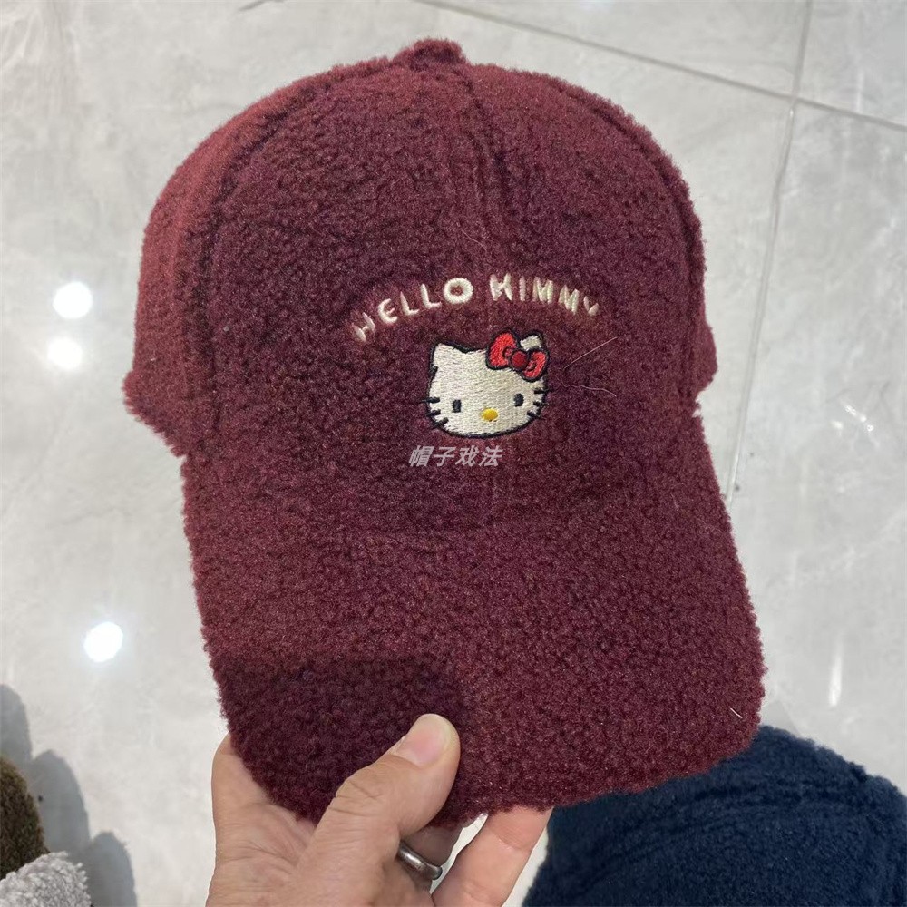 弯檐可爱毛羊羔绒刺绣KT猫头加厚保暖秋冬显瘦女式百搭硬顶棒球帽