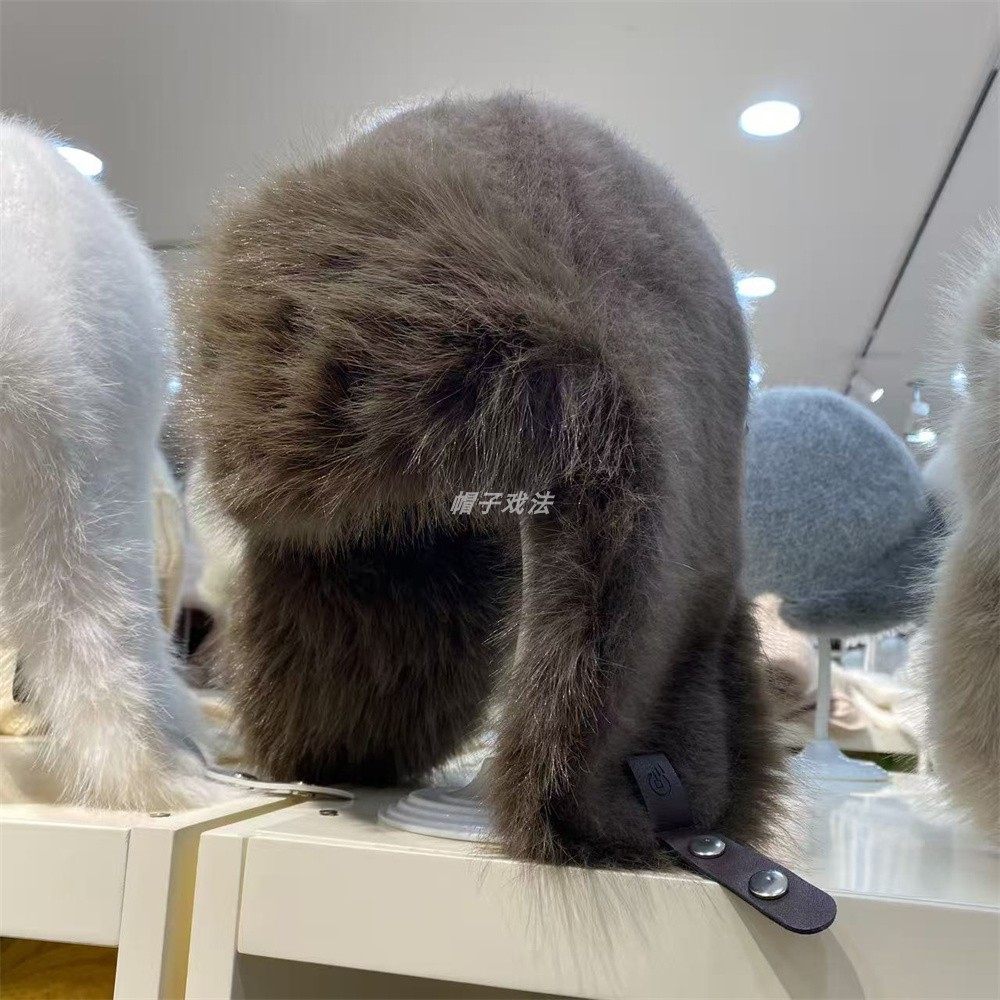 系皮绳东北长毛加厚一体保暖护耳兔毛混纺复古编织针织风雪雷锋帽