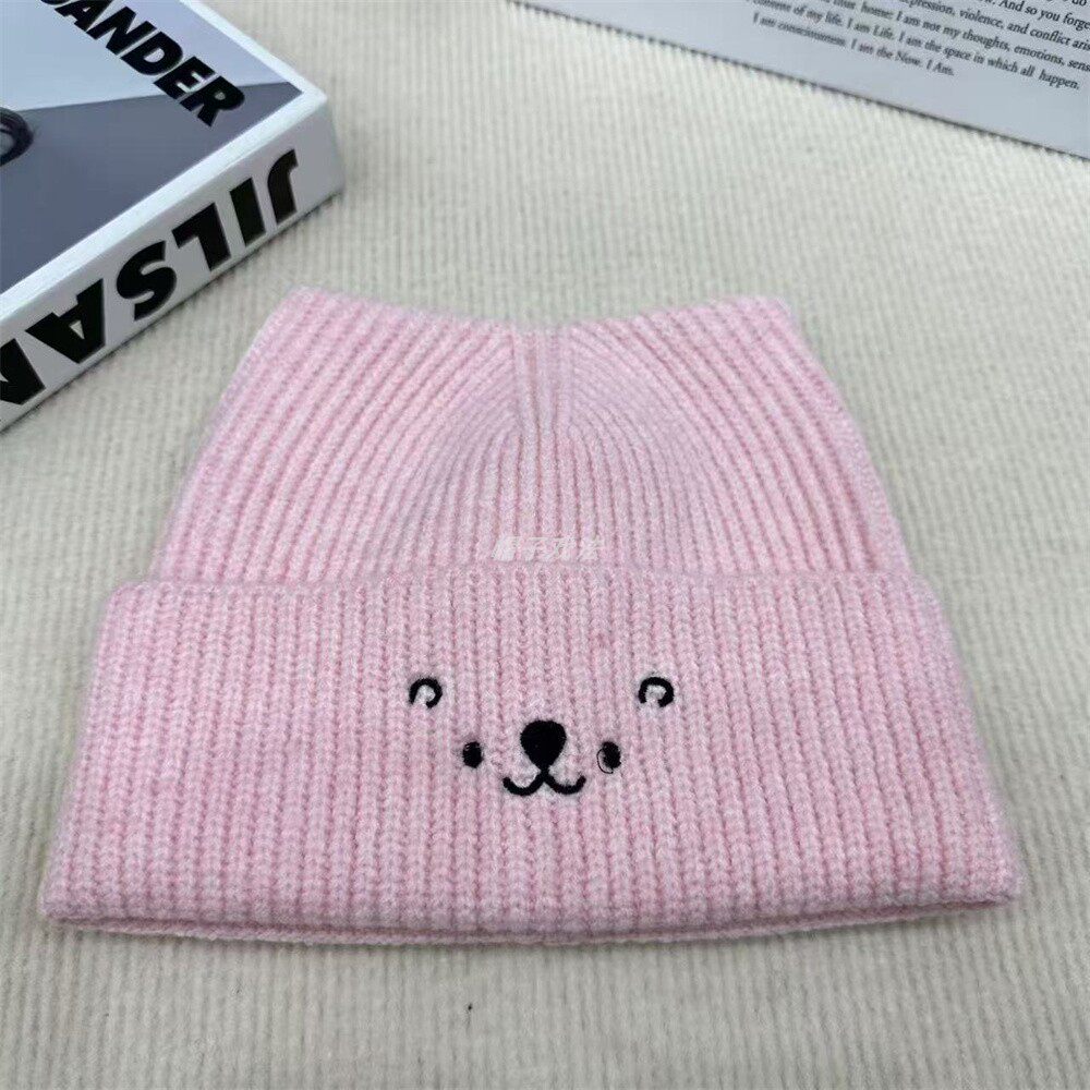 百搭小熊笑脸乖乖女尖尖耳朵女式薄粉色保暖秋冬季盖耳翻边针织帽