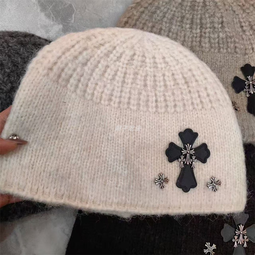 皮标十字架网红盖耳秋冬腈纶宽松韩版薄款百搭直边潮流冷帽针织帽