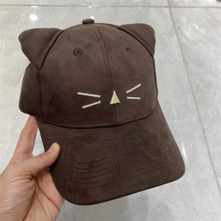 仿鹿皮绒小猫耳朵宽沿个性深帽碗显瘦女式加厚百搭硬顶秋冬棒球帽