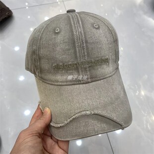 个性拼帽檐重水洗刺绣字母做旧韩版纯棉春圆顶毛边可调软顶棒球帽