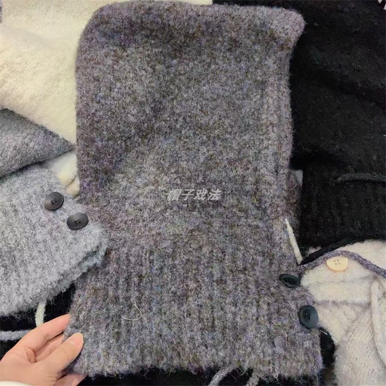 仿羊毛冬披肩连帽双扣滑雪一体百搭保暖护耳抽绳女拉法针织风雪帽