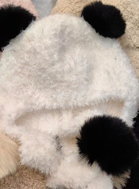 双毛球护耳保暖冬熊猫女式毛绒线滑雪一体百搭学生针织风雪雷锋帽
