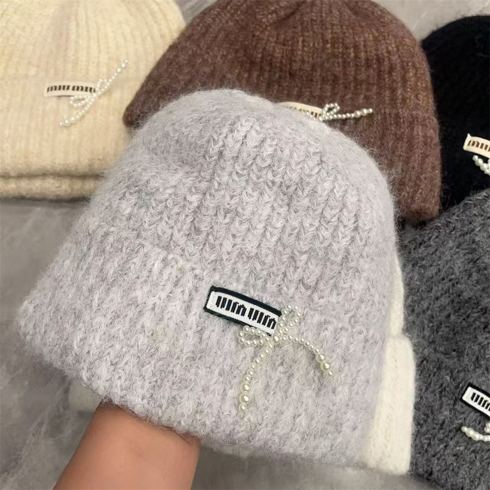 珍珠蝴蝶结秋冬学生仿羊毛显瘦大头围可爱韩版翻边百搭保暖针织帽