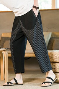 爆25咖啡厅夏条纹撞色棉麻九分男灯笼裤萝卜裤锥形哈伦裤K161-p50图片