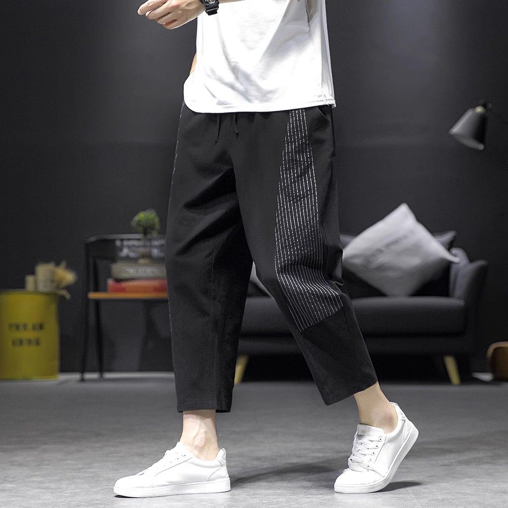 爆25条纹撞色风棉麻八分裤男灯笼裤萝卜裤锥形哈伦裤K107-p45,男装休闲裤,星座311A