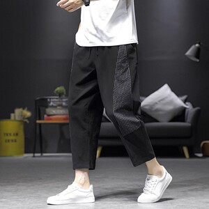 爆25条纹撞色风棉麻八分裤男灯笼裤萝卜裤锥形哈伦裤K107-p45,八十斤女生穿搭图片