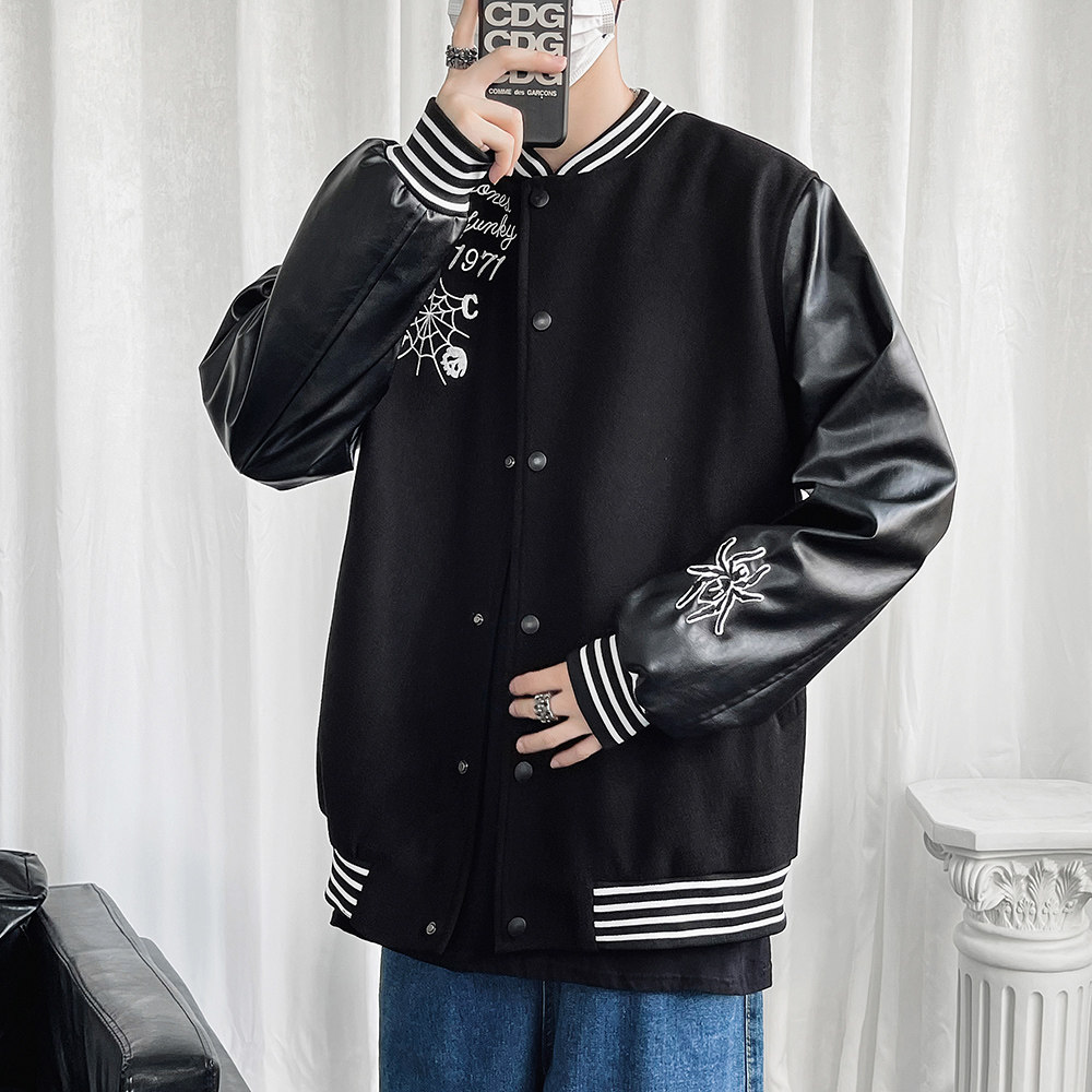25春新款毛呢PU拼接棒球服男字母刺绣夹克外套XZ311A-JK112-P80,男装夹克,星座311A
