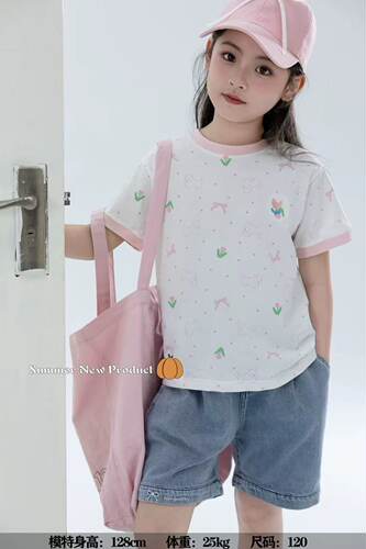 NGT特价110码夏季女童95%棉短袖t恤清凉甜美好搭