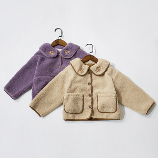 乖小兮清货冬女童毛绒外套翻领娃娃领刺绣花朵甜美可爱好搭暖