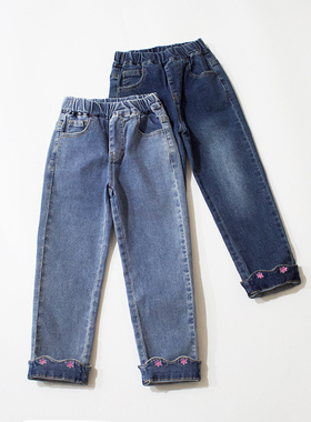 110-170码修长显腿型春秋女童牛仔裤长裤柔软弹力裤脚翻边小花