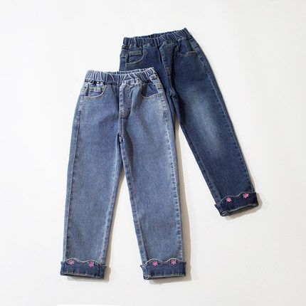 110-170码修长显腿型春秋女童牛仔裤长裤柔软弹力裤脚翻边小花
