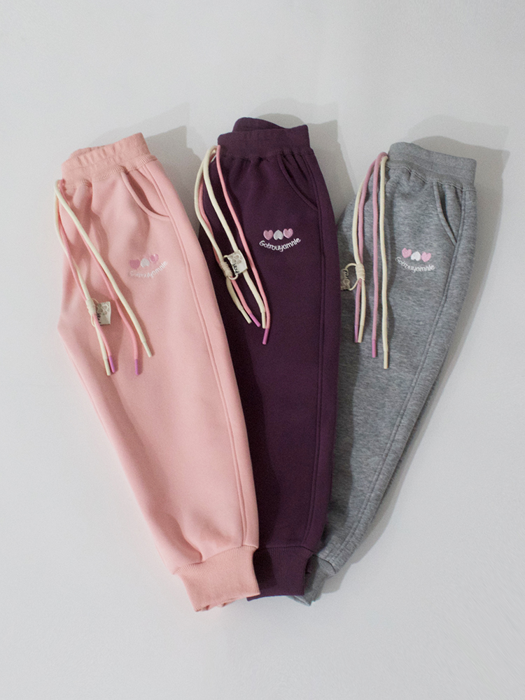 110-120断码特价甜美爱心一体奥利绒冬季女童加绒运动裤长裤柔软