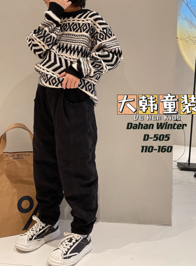 好搭显瘦降温bi备男童chao帅气棉裤冬季夹丝绵牛仔裤黑色显瘦保暖