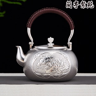 999纯银烧水壶手工一张打錾刻荷花家用电陶炉足银煮茶壶功夫茶具