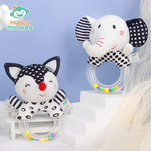 HAPPY MONKEY新生婴儿手摇铃玩具0-12月宝宝抓握训练黑白玩偶铃铛