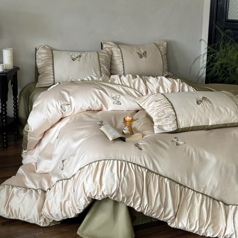 法式少女心100S澳棉全棉四件套蝴蝶长绒棉绣褶皱花边被套床上用品