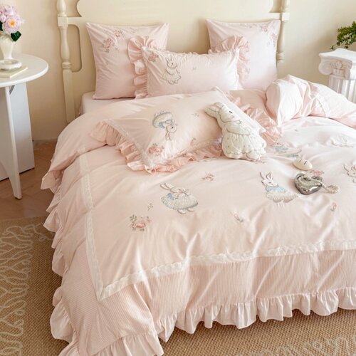 送抱枕！小兔少女心水洗棉四件套