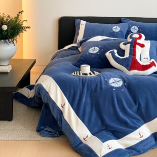 海洋风儿童加厚牛奶绒四件套男孩刺绣冬季珊瑚绒保暖床上用品被套