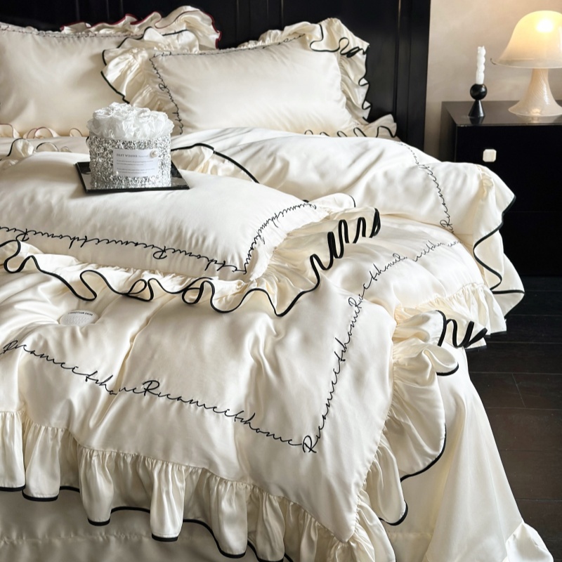 法式简约风高级字母刺绣天丝床上四件套夏季凉感丝滑裸睡被套床单
