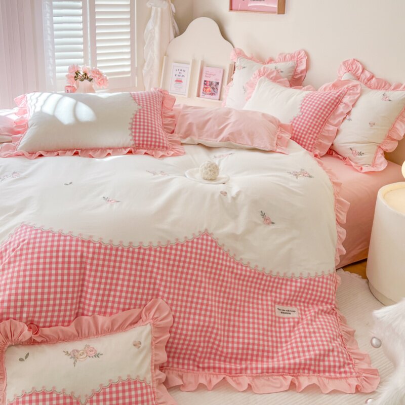 小清新少女粉色纯棉水洗棉四件套全棉公主风花边床单被套床上用品