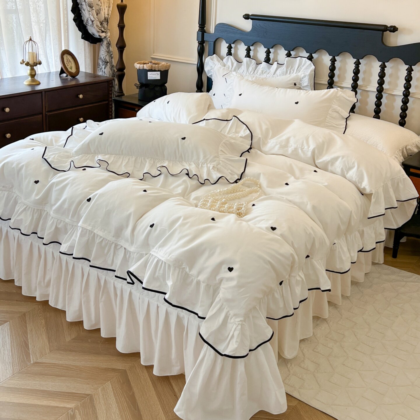 法式少女心全棉爱心刺绣四件套荷叶边夹棉床盖被套公主风纯棉床品