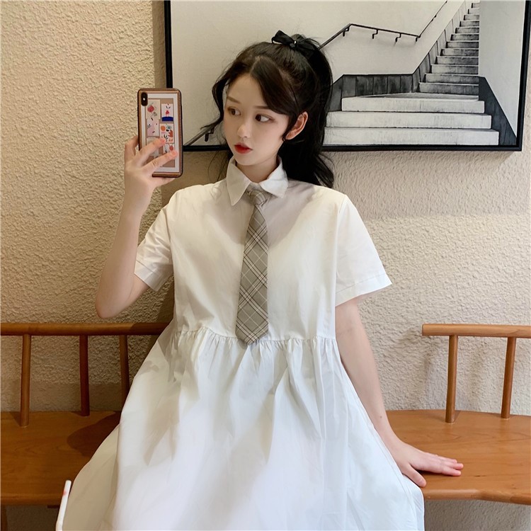 Real shot Korean version shirt collar high waist loose Short Sleeve Dress + tie