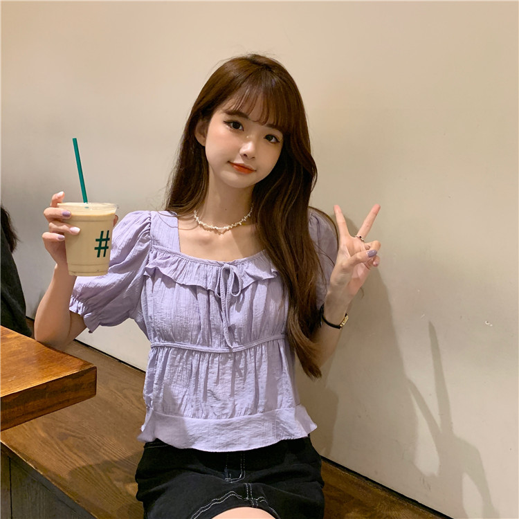 Real shot French square collar Ruffle bandage slim short shirt top