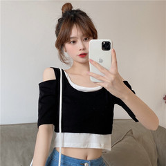 實拍百搭兩件套針織拼色T恤上衣