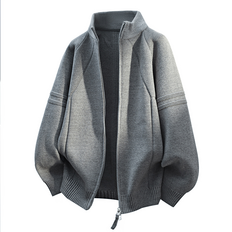 秋冬季新款纯色流行复古圆领宽松休闲百搭针织拉链开衫毛衣外套男