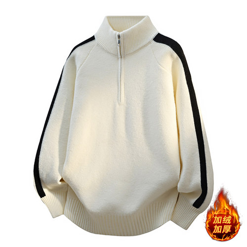 复古运动风半高拉链领毛衣