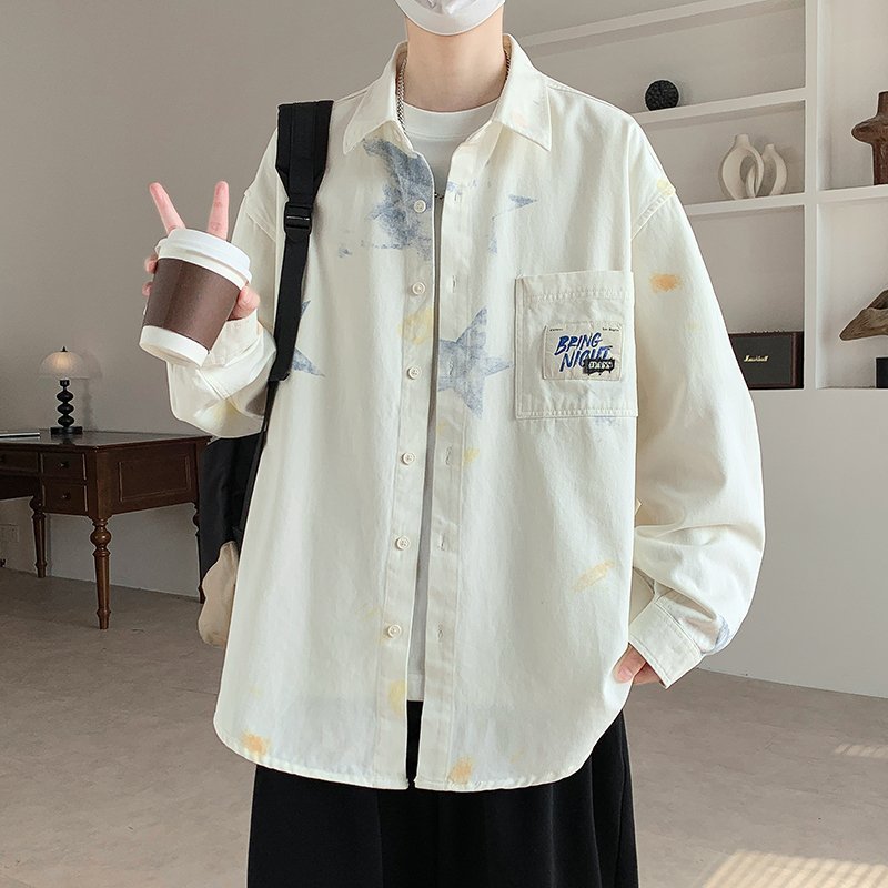 春季新款休闲风男士纯棉长袖衬衫宽松翻领印花口袋开衫潮流上衣