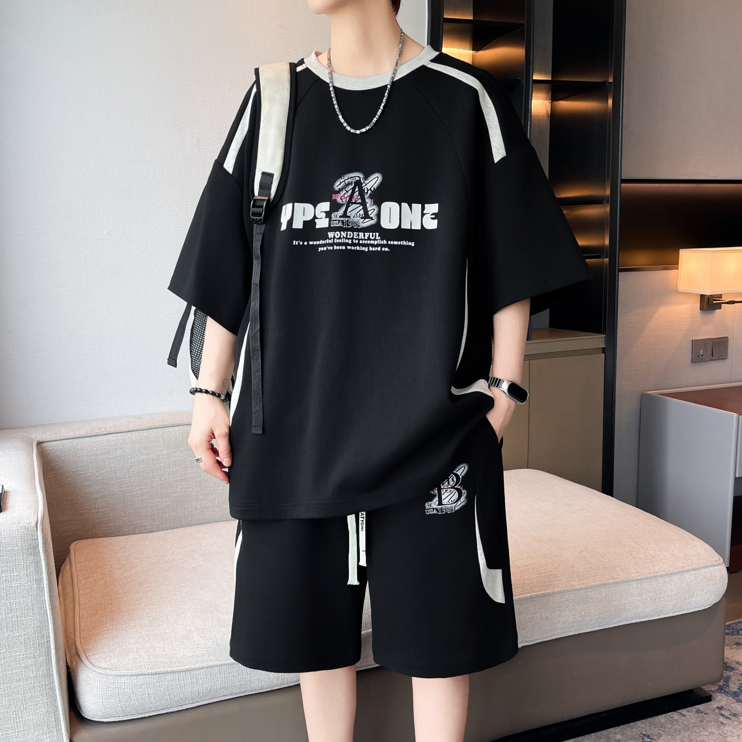 夏季新款休闲短袖套装男青少年潮流运动两件套黑色字母印花