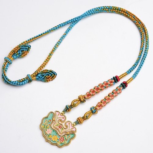 原创新款古法曼陀罗烧蓝吊坠纯手工编织高端千里江山桃花结项链绳
