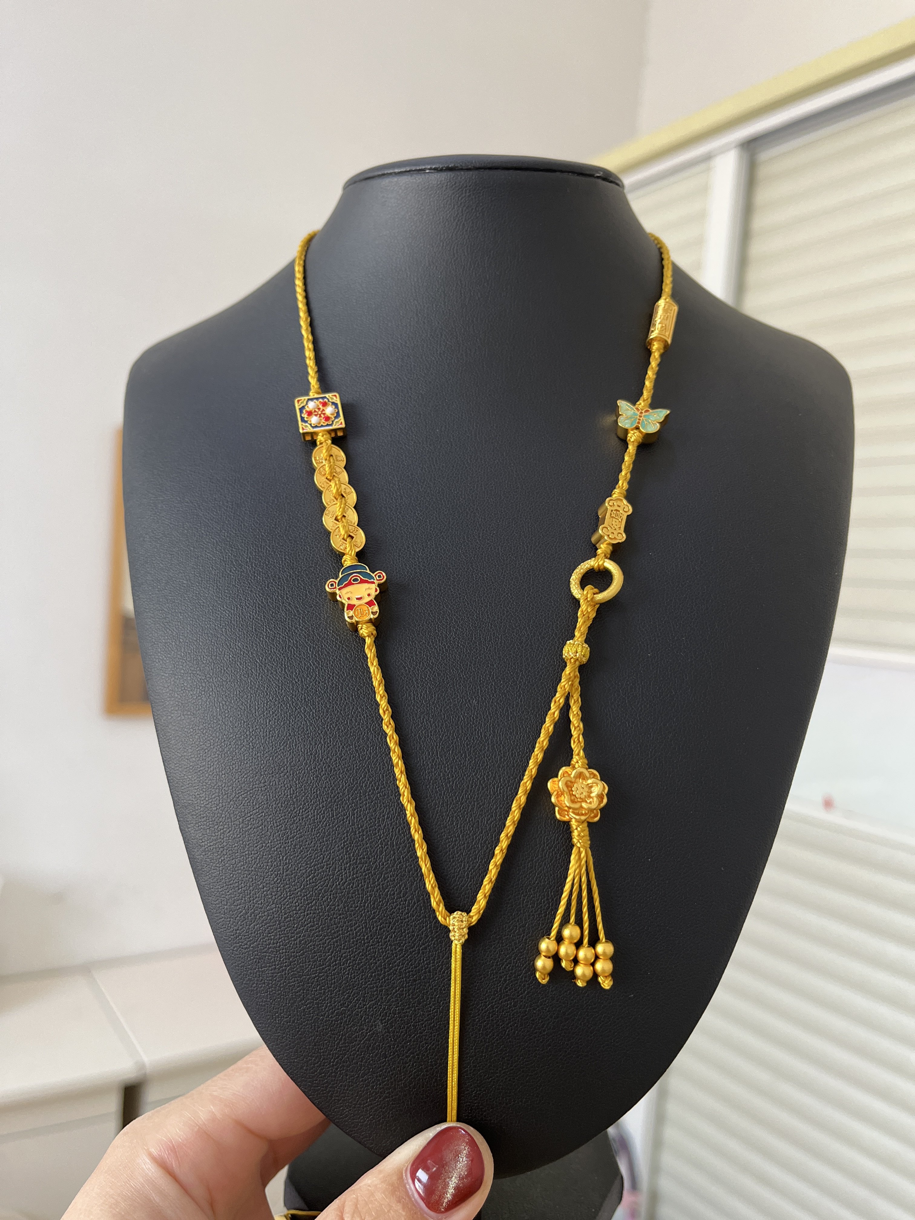 原创设计纯手工编织细款四股五帝铜钱小财神吊坠项链可调节毛衣链