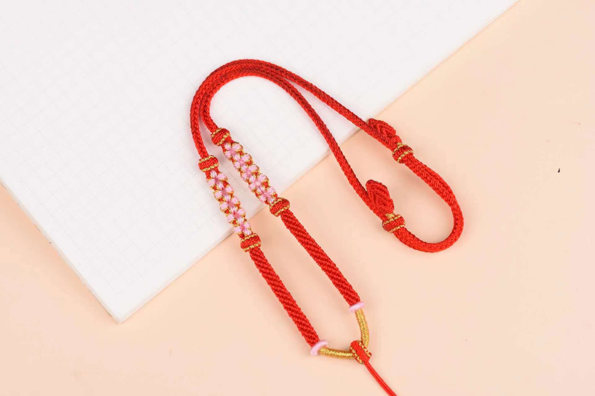 纯手工编织宝宝项链绳红绳项链绳桃花结黄金吊坠项链可调节毛衣链