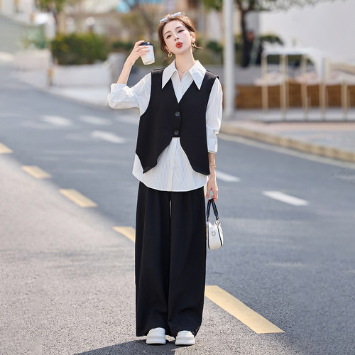 春夏马甲条纹衬衫阔腿裤三件套女