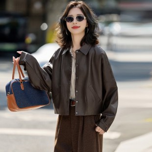 超好看咖色皮衣外套女2026春季 休闲宽松气质小个子皮夹克上衣 新款