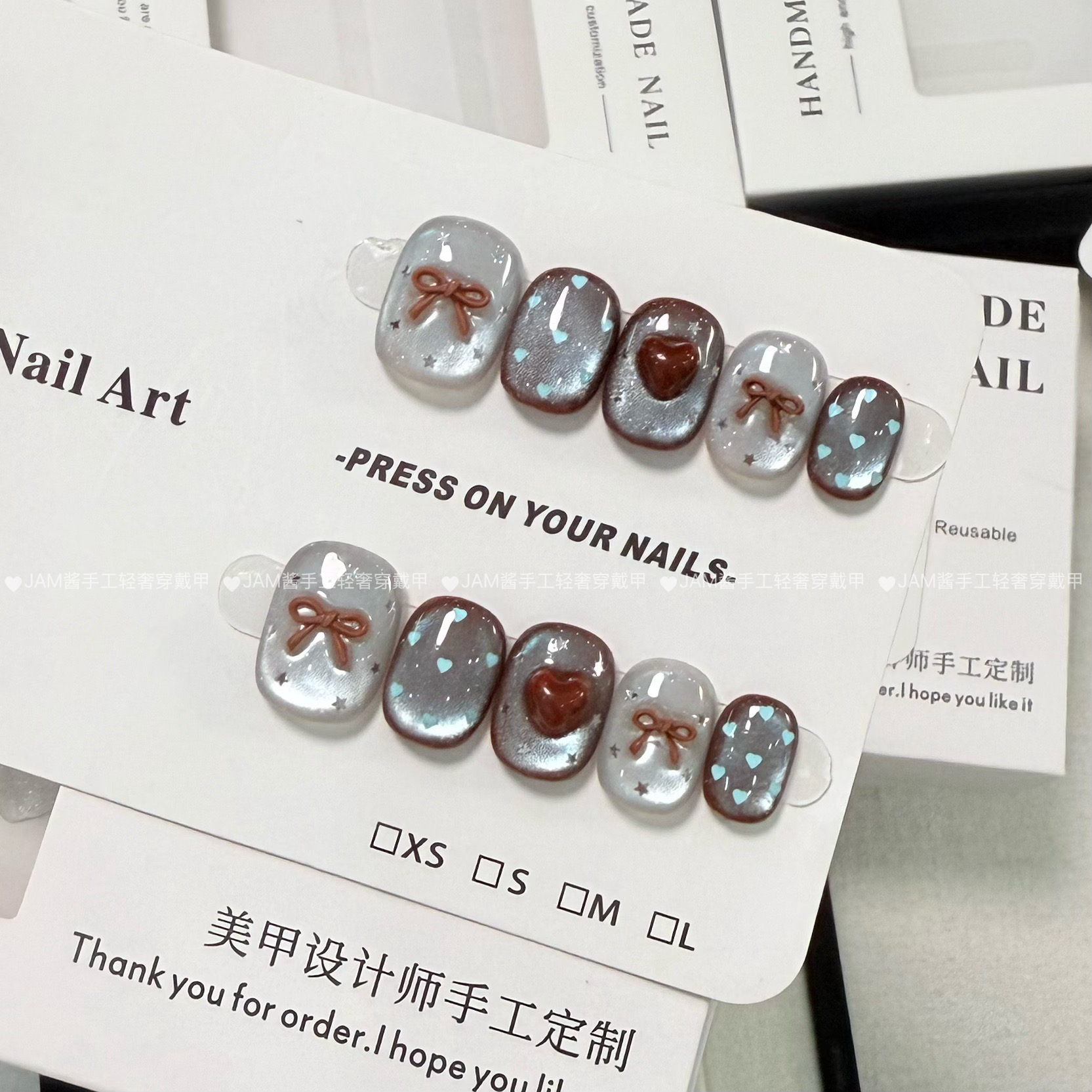 下午茶 新款纯手工穿戴甲短款蓝色猫眼棕色穿戴美甲中长款高级感