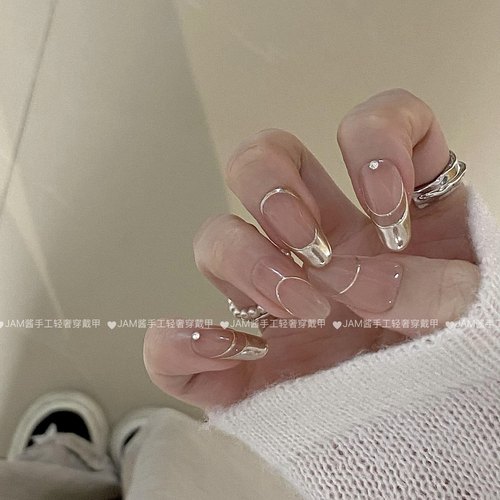 城堡 纯手工穿戴甲长款香槟金魔镜粉法式高级感裸色手工穿戴美甲