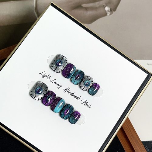 【黑骑士】纯手工穿戴甲猫眼手绘眼睛撞色显白手作美甲高级感短款