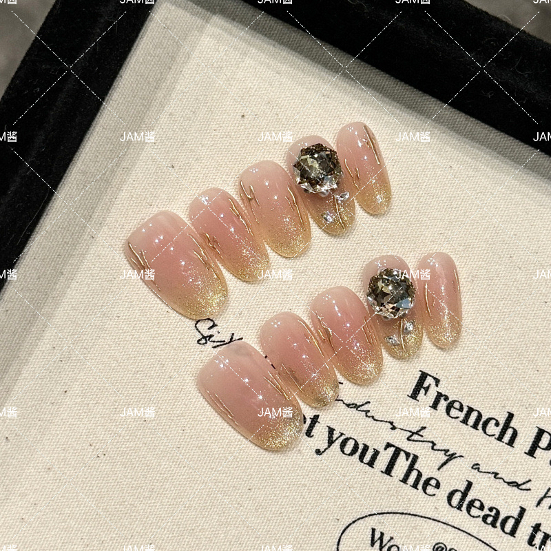 【香槟玫瑰】纯手工穿戴甲高级感猫眼腮红手作美甲贴穿戴甲中长款