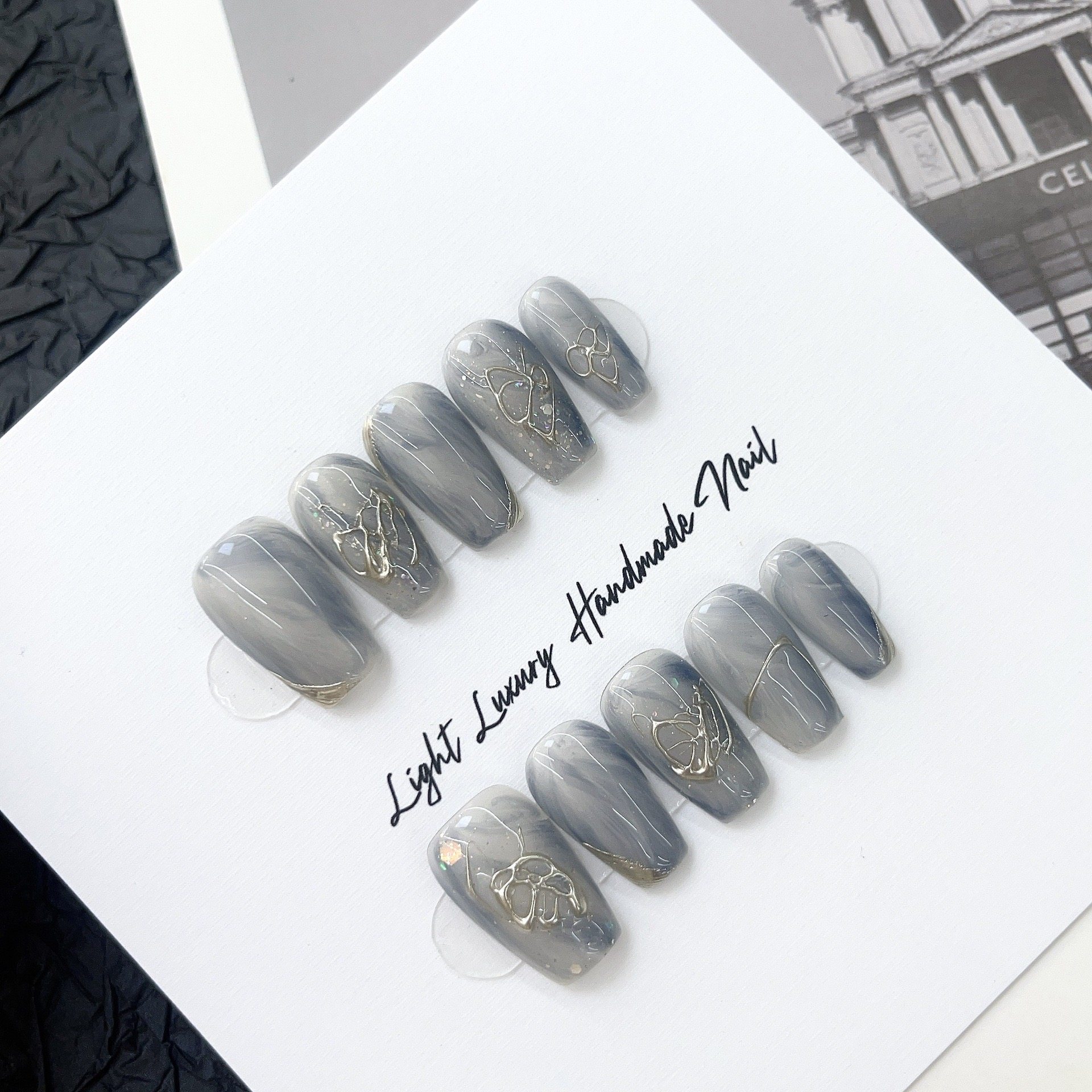 【琉璃】新款晕染高级灰琉璃纯手工穿戴甲短梯轻奢光疗手工美甲贴,彩妆/香水/美妆工具,穿戴甲/甲片,淘宝优惠券,粉丝福利购,淘宝优惠卷